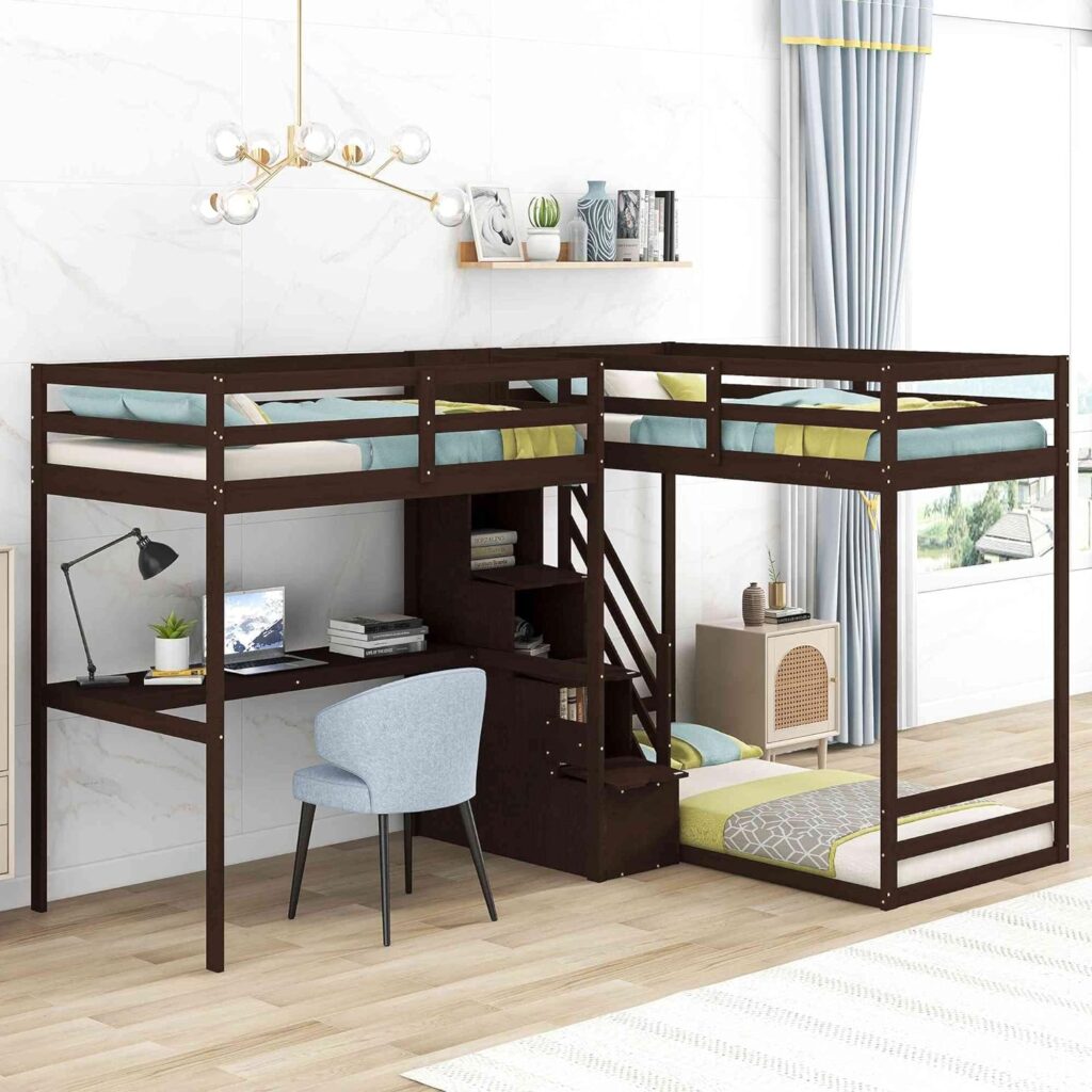 Cotoala Twin Size L-Shaped Bunk Bed and Loft bed with Built-in Middle Staircase