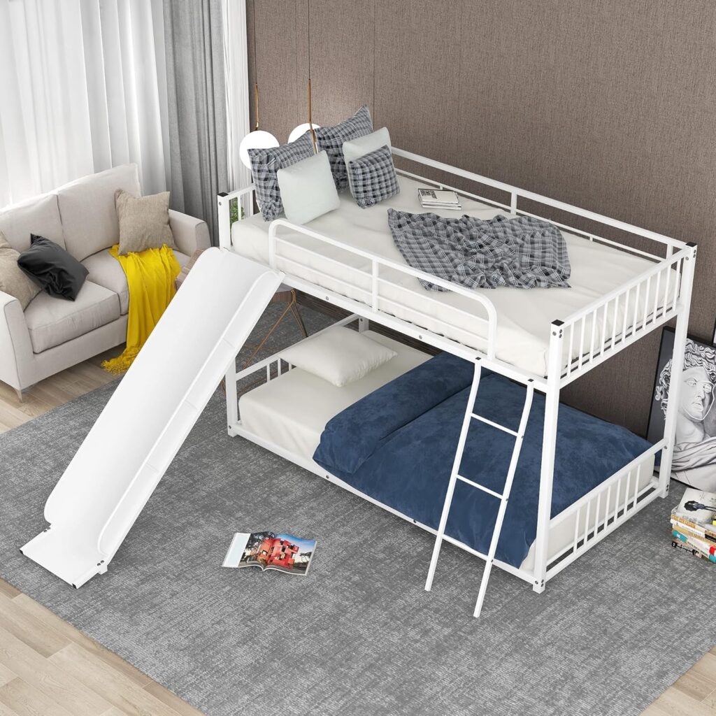 EMKK Twin Over Twin Bunk Bed With Slide And Ladder